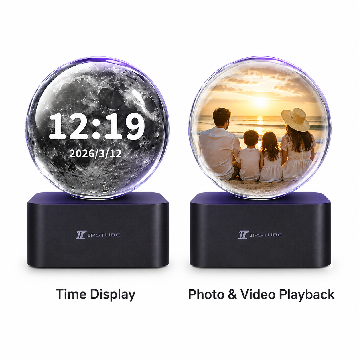 IPSTUBE 3.54-inch Smart Crystal Ball Display with Bluetooth & Wi-Fi; App-controlled. Features a clock face and customizable display for photos, videos, and cherished memories—an exclusive gift for Christmas or Valentine's Day.
