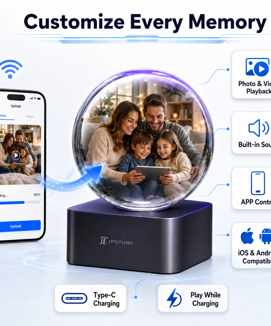 IPSTUBE 3.54-inch Smart Crystal Ball Display with Bluetooth & Wi-Fi; App-controlled. Features a clock face and customizable display for photos, videos, and cherished memories—an exclusive gift for Christmas or Valentine's Day.