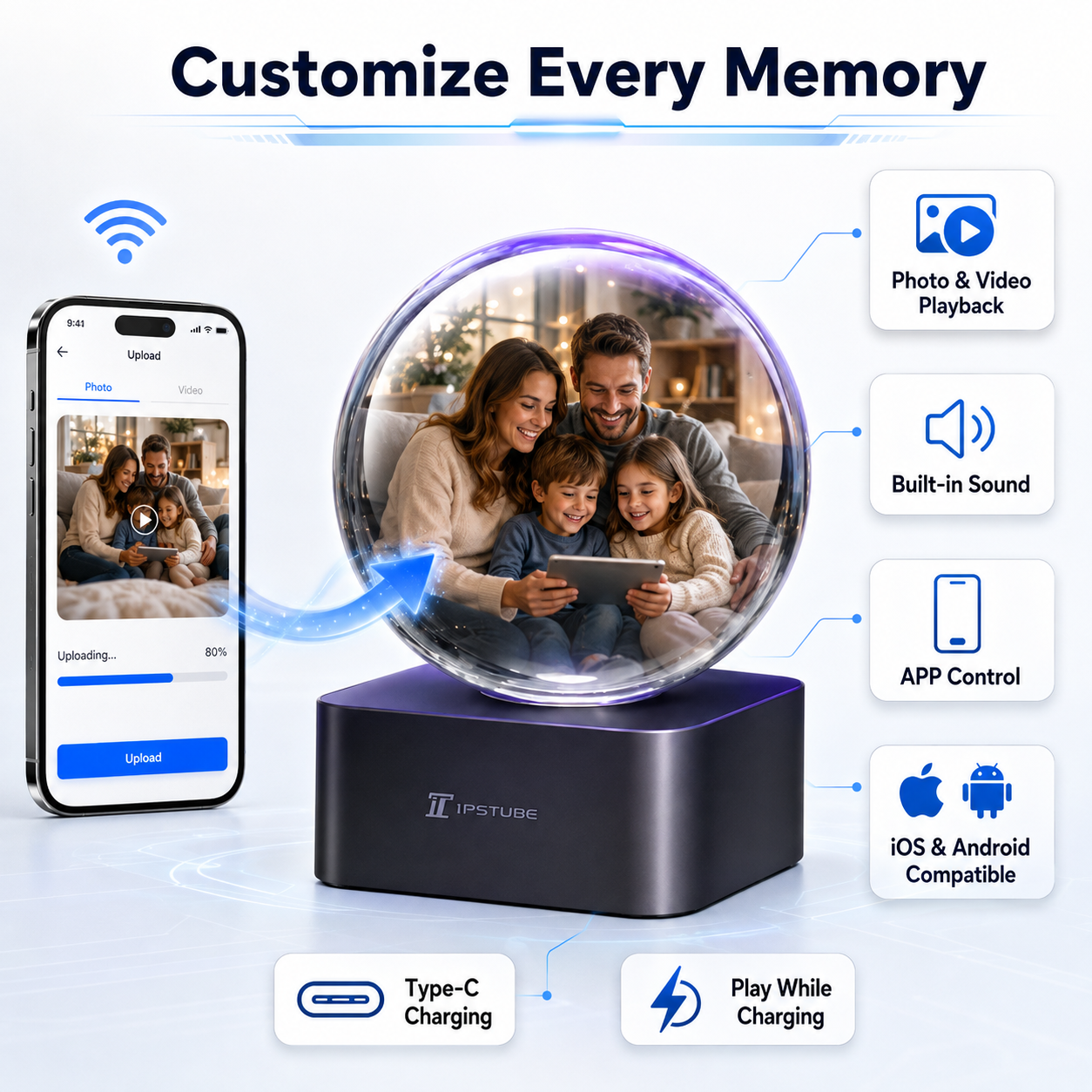IPSTUBE 3.54-inch Smart Crystal Ball Display with Bluetooth & Wi-Fi; App-controlled. Features a clock face and customizable display for photos, videos, and cherished memories—an exclusive gift for Christmas or Valentine's Day.