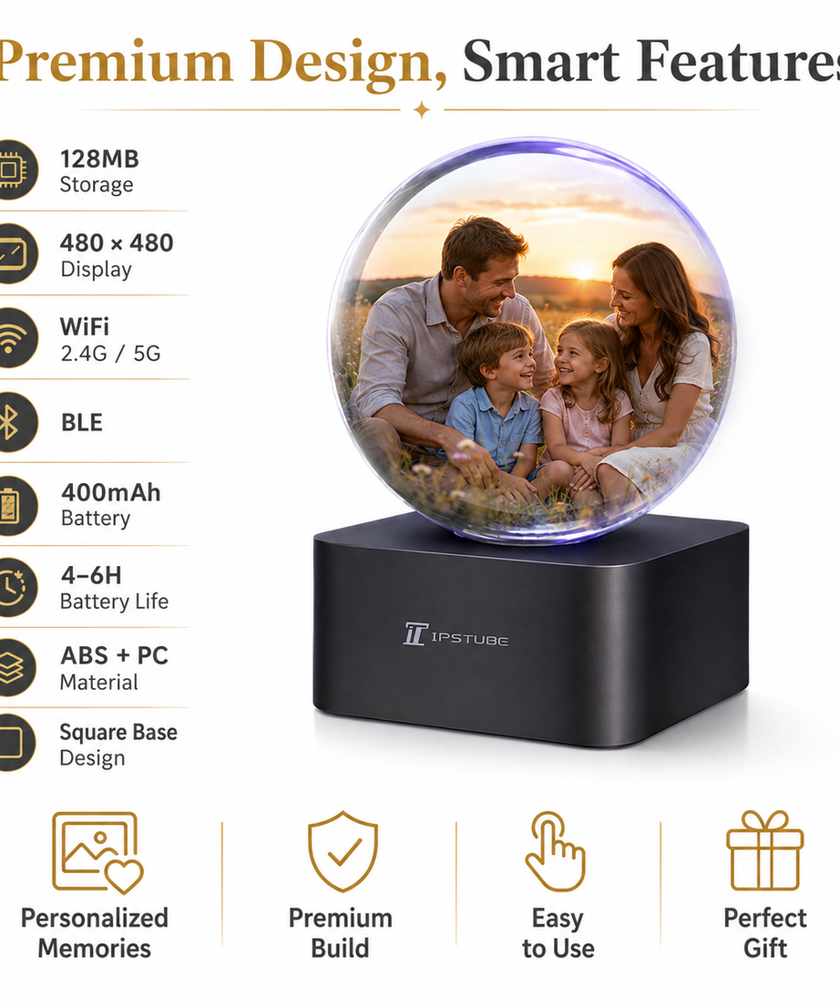 IPSTUBE 3.54-inch Smart Crystal Ball Display with Bluetooth & Wi-Fi; App-controlled. Features a clock face and customizable display for photos, videos, and cherished memories—an exclusive gift for Christmas or Valentine's Day.