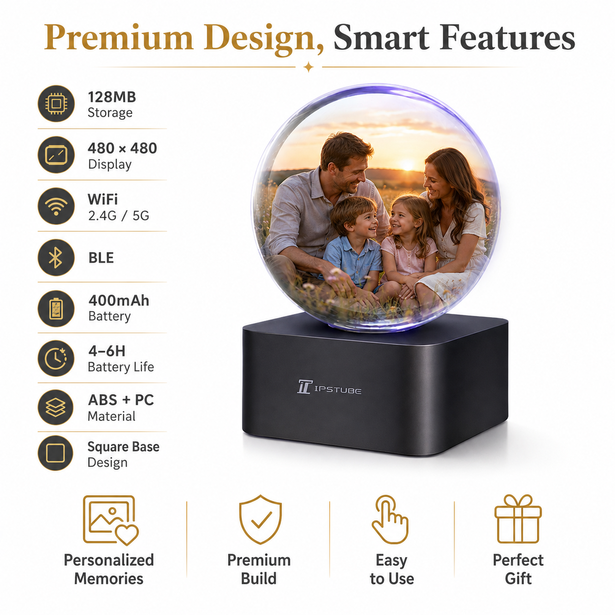 IPSTUBE 3.54-inch Smart Crystal Ball Display with Bluetooth & Wi-Fi; App-controlled. Features a clock face and customizable display for photos, videos, and cherished memories—an exclusive gift for Christmas or Valentine's Day.