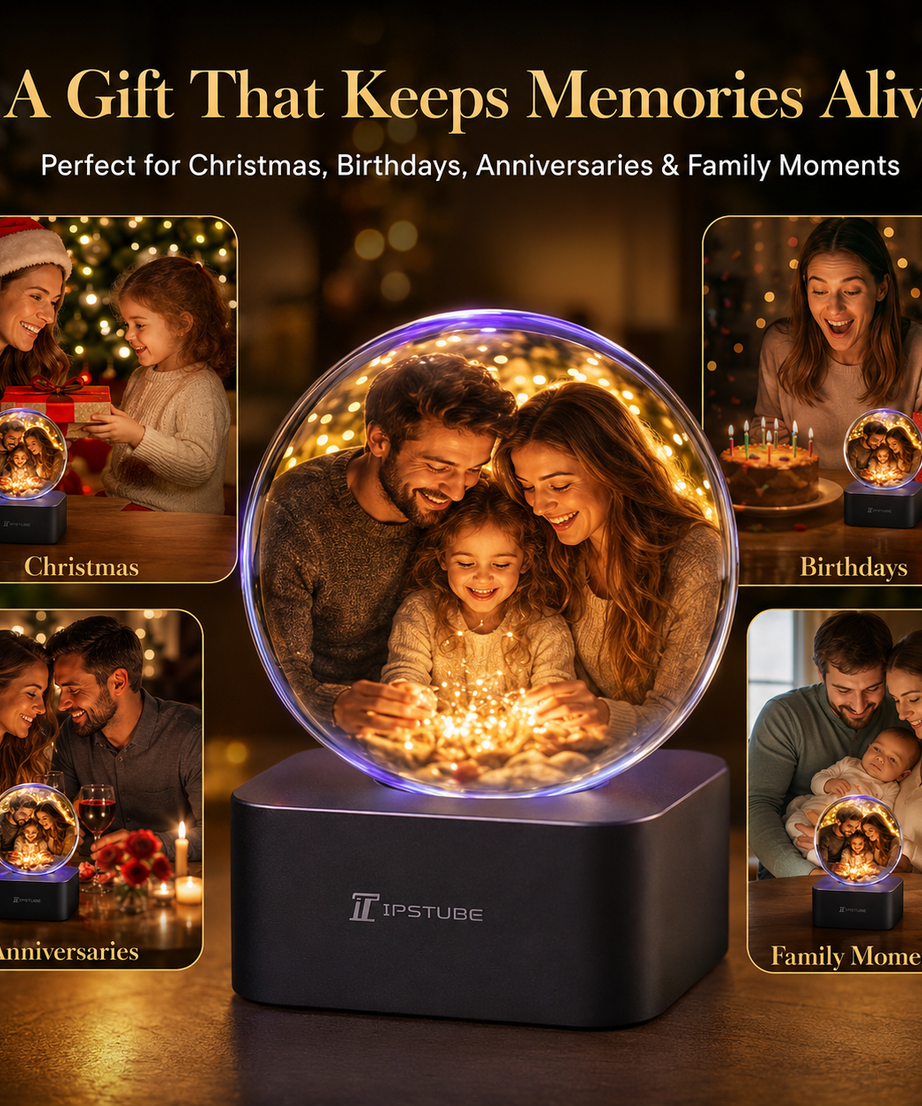 IPSTUBE 3.54-inch Smart Crystal Ball Display with Bluetooth & Wi-Fi; App-controlled. Features a clock face and customizable display for photos, videos, and cherished memories—an exclusive gift for Christmas or Valentine's Day.