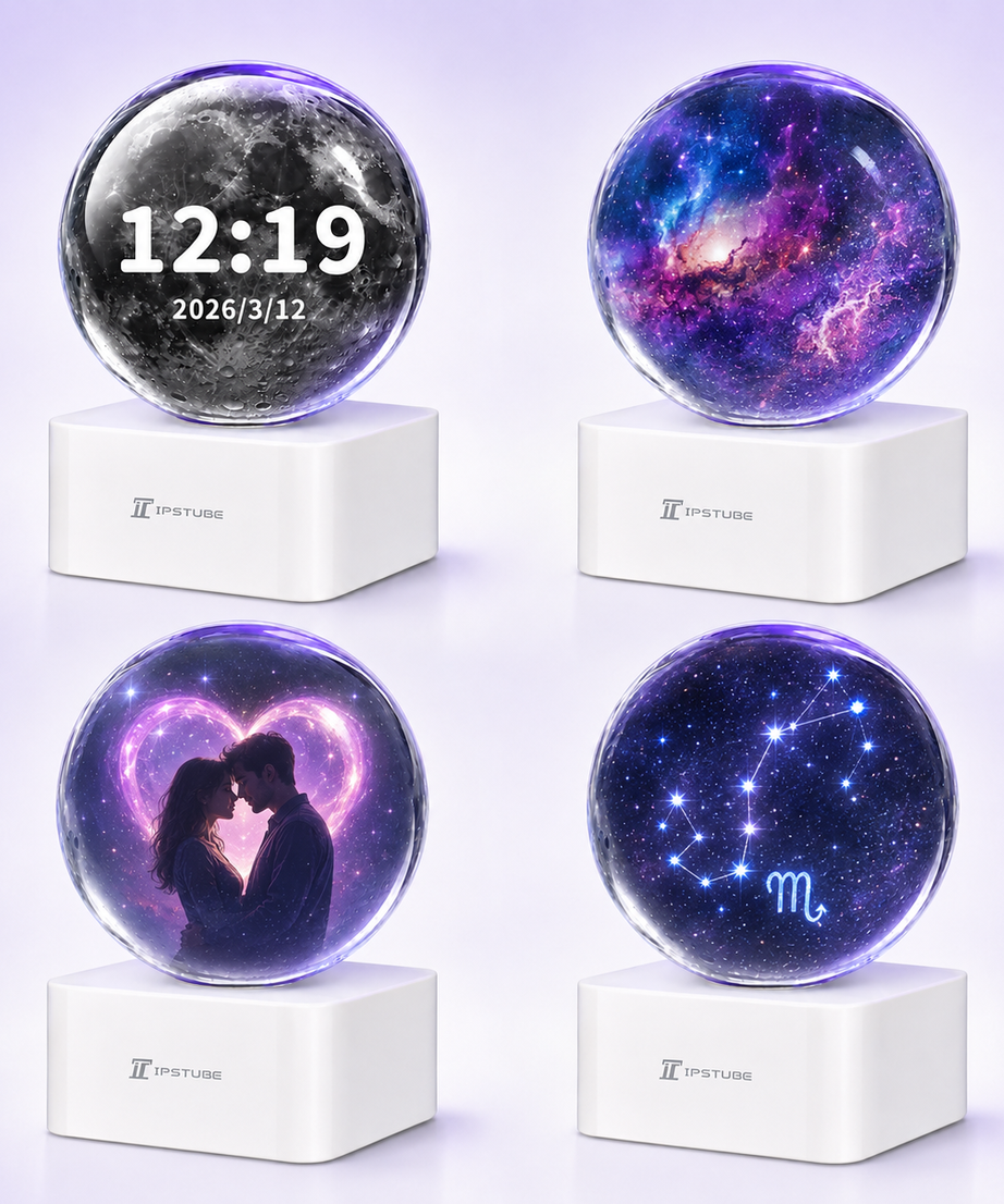 IPSTUBE 3.54-inch Smart Crystal Ball Display with Bluetooth & Wi-Fi; App-controlled. Features a clock face and customizable display for photos, videos, and cherished memories—an exclusive gift for Christmas or Valentine's Day.Available in white or black.