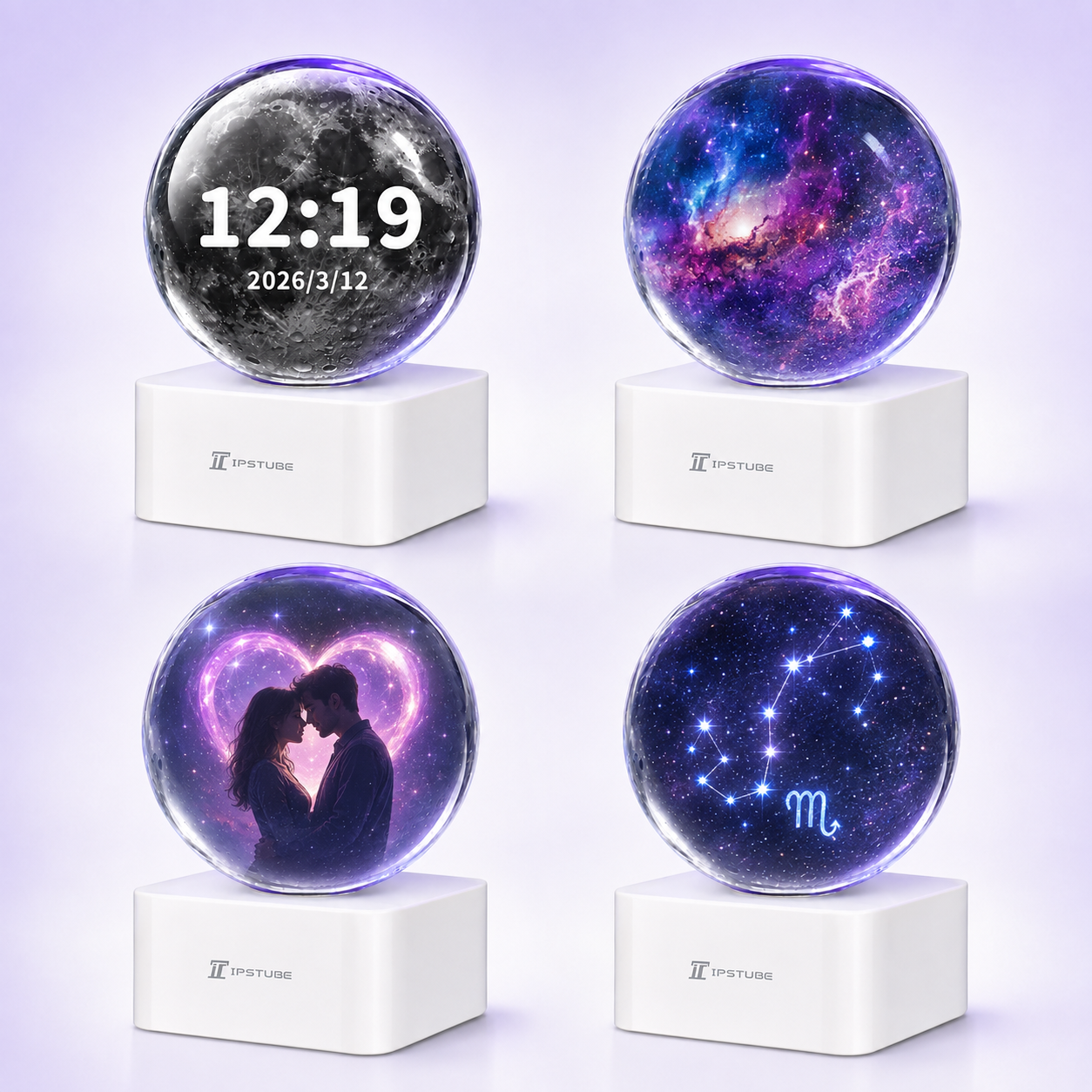IPSTUBE 3.54-inch Smart Crystal Ball Display with Bluetooth & Wi-Fi; App-controlled. Features a clock face and customizable display for photos, videos, and cherished memories—an exclusive gift for Christmas or Valentine's Day.Available in white or black.